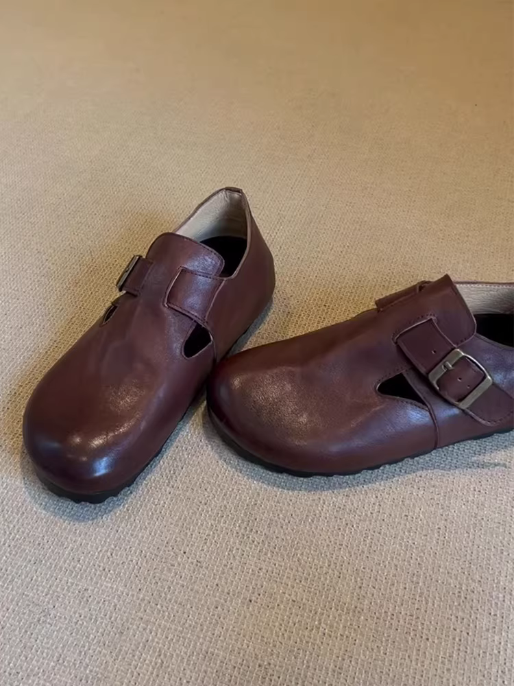 Phiên bản da cừu ~ Giày Birkenstock da thật cổ điển, đã qua sử dụng, da đã qua xử lý, mũi tròn, quai khóa, giày đế mềm thời trang, phong cách giản dị