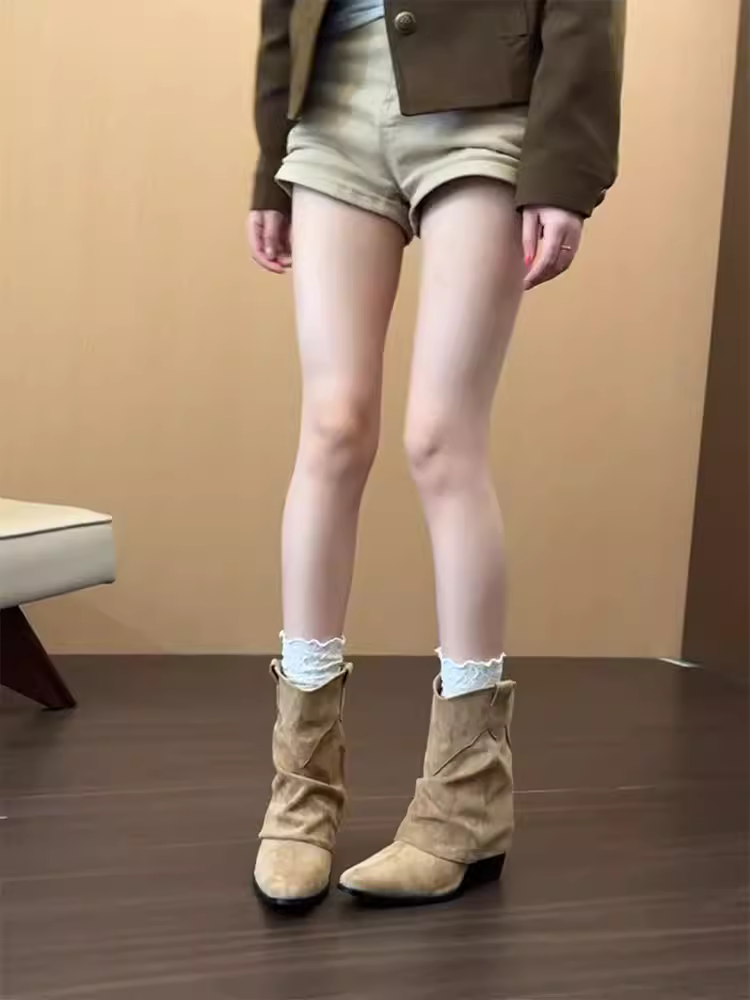 Phiên bản da bò ~ Giày cao bồi kiểu phương Tây cổ điển dành cho nữ, mùa thu đông mũi nhọn bằng da lộn gót nhọn kiểu bootcut giúp thon gọn chân