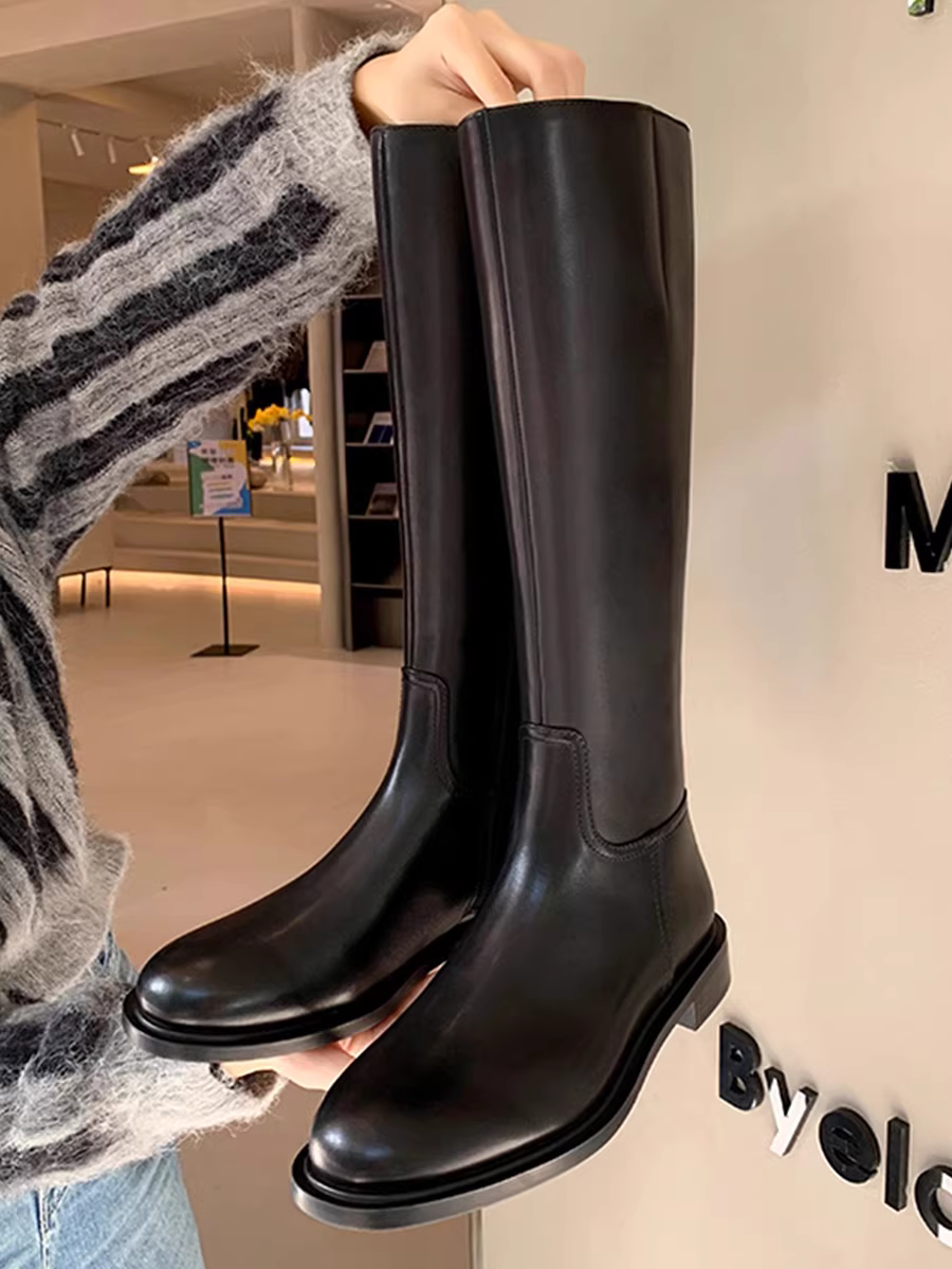 Bốt cao cổ nữ, bốt đi xe đạp đế bằng có khóa kéo bên, bốt cao, bốt cao quá gối thời thượng, lót lông mùa đông, mẫu mới 2025.