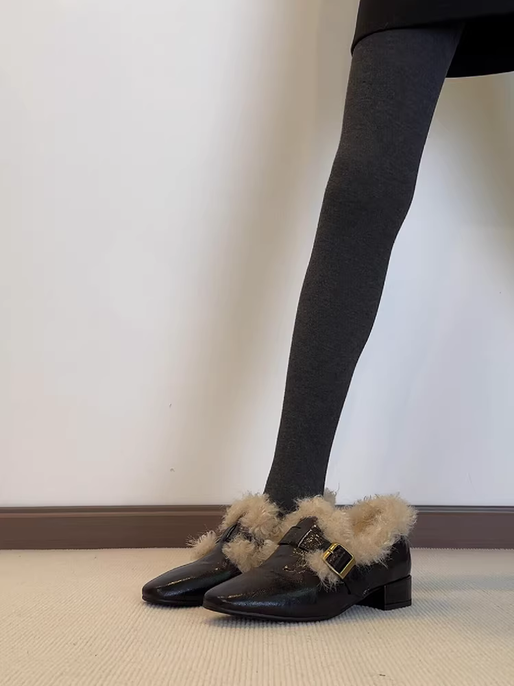 Phiên bản da cừu ~ Giày lười lông mịn kiểu Pháp bằng da thật dành cho nữ có khóa thắt lưng, mũi vuông, gót dày, giày da đi làm