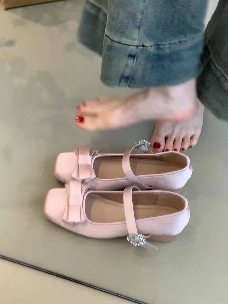 Phiên bản da cừu ~ Giày ba lê phong cách quý phái kiểu Pháp dành cho nữ, giày Mary Jane mũi vuông có khóa, nơ, giày đơn miệng nông.