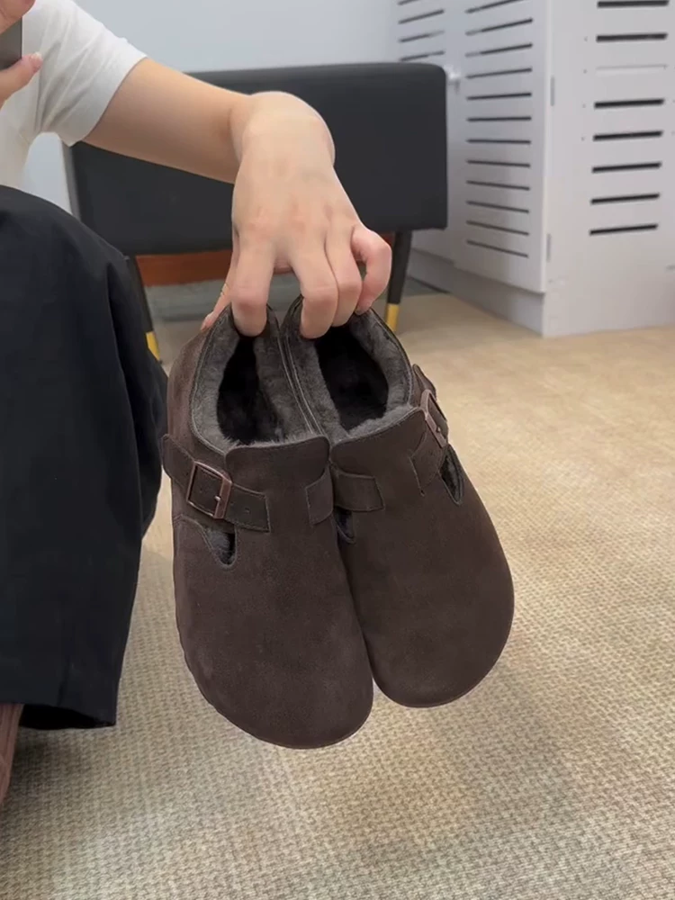 Phiên bản da cừu ~ Giày kiểu Birkenstock có lót lông, tăng chiều cao, kiểu dáng lười, đế bằng, phong cách retro, chất liệu cotton mềm mại dành cho nữ