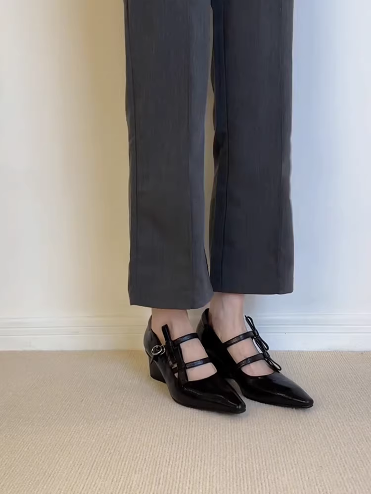 Phiên bản da cừu ~ Giày da đi làm phong cách cổ điển dành cho nữ, mũi nhọn màu đen, quai đơn có nơ, giày Mary Jane