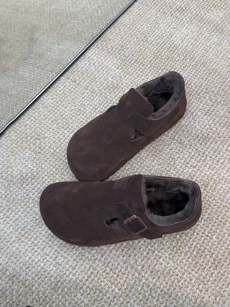 Phiên bản da cừu ~ Giày kiểu Birkenstock có lót lông, tăng chiều cao, kiểu dáng lười, đế bằng, phong cách retro, chất liệu cotton mềm mại dành cho nữ