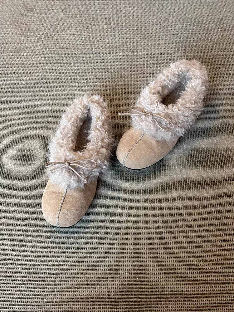 Phiên bản da cừu ~ Không khí mùa thu đông, giày lông mềm mại và thanh lịch dành cho nữ, giày cotton ấm áp có lót lông cừu có nơ