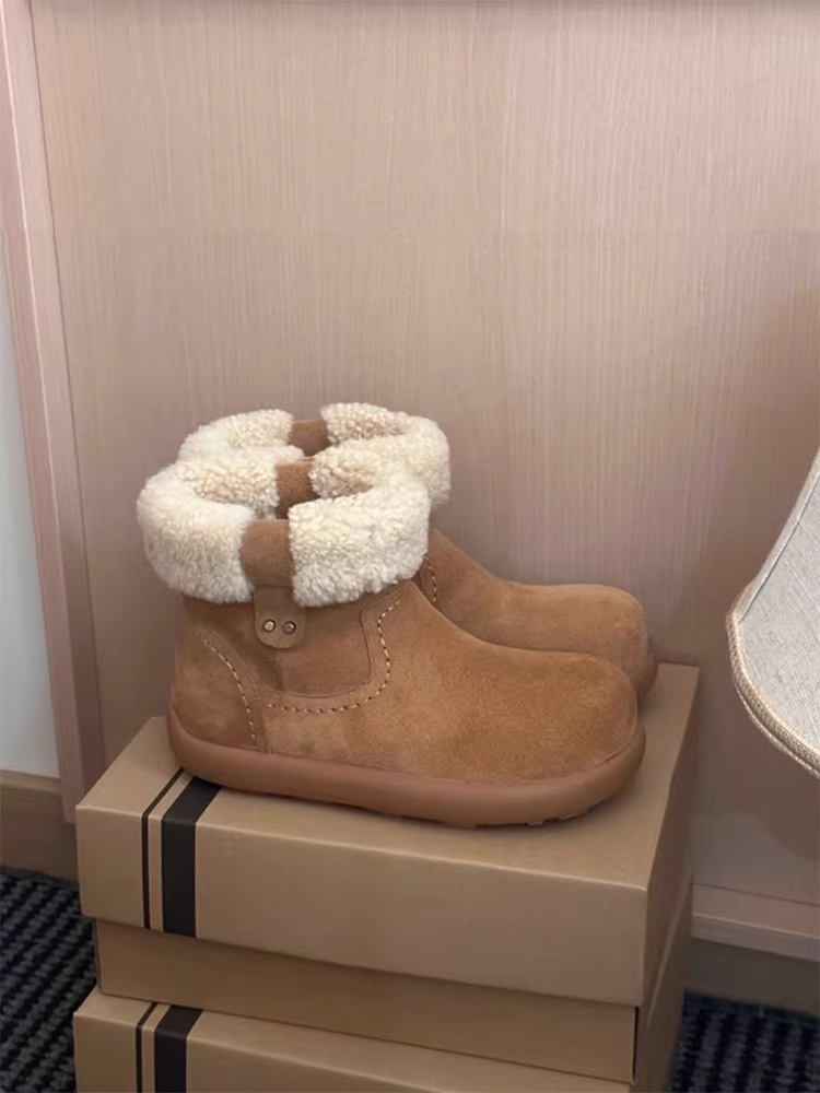 Phiên bản da bò ~ Giày bốt đi tuyết da thật đế dày đa năng mùa thu đông dành cho nữ, giày bốt Birkenstock lót lông da lộn dễ thương