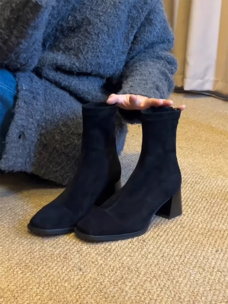 Phiên bản da bò ~ Giày bốt ngắn mũi vuông đơn giản, thanh lịch, da thật dành cho nữ, giày bốt cao gót có khóa kéo phía sau bằng da lộn kiểu cổ điển, giày bốt ôm dáng co giãn