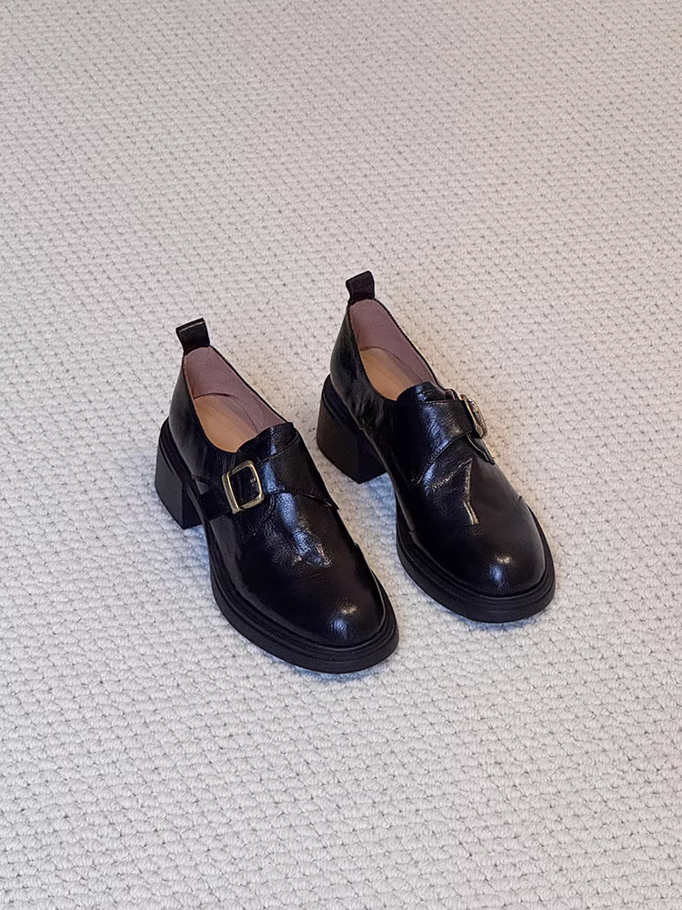 Phiên bản da bò ~ Giày lười có khóa da thật kiểu Anh dành cho nữ, giày da đế dày kiểu dáng thanh mảnh, giày da đi làm