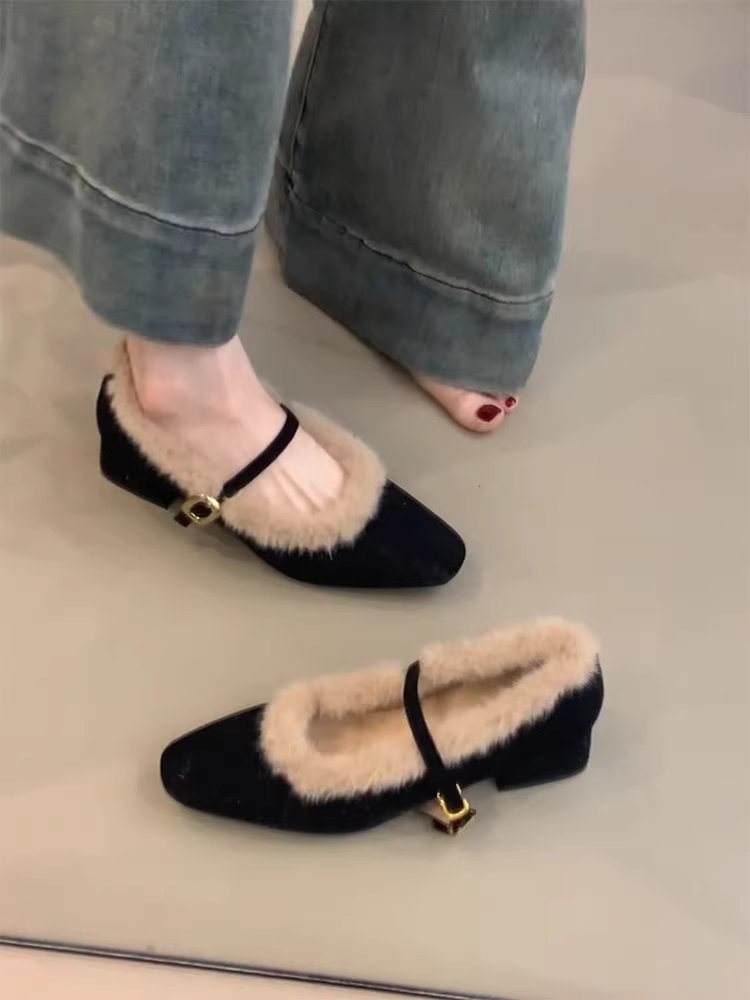 Phiên bản da cừu ~ Giày bông có dây đeo có khóa lót lông sang trọng kiểu cổ điển dành cho nữ, gót dày, mũi vuông, giày ngoài trời mùa đông có lót lông sang trọng