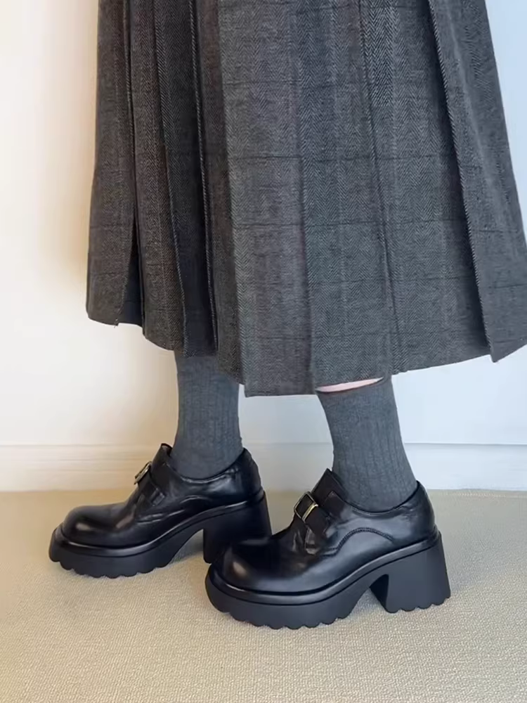 Phiên bản da cừu ~ Giày lười đế dày tăng chiều cao bằng da thật dành cho nữ có khóa thắt lưng, giày đi làm cao gót cổ điển, giày da nhỏ.