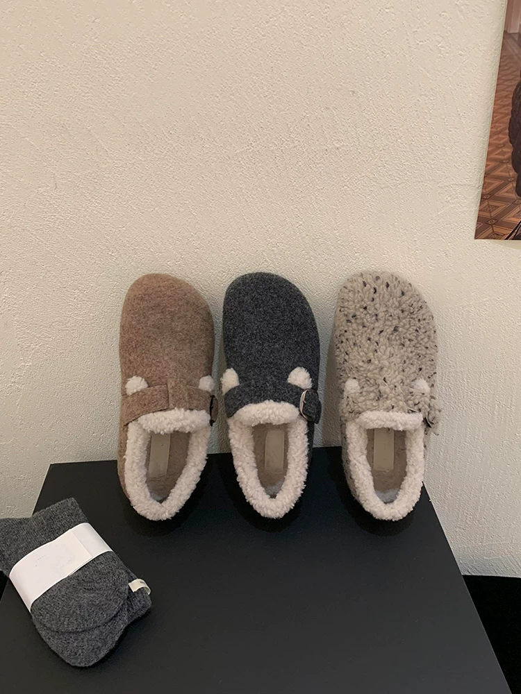 Phiên bản da cừu ~ Giày Birkenstock cổ điển bằng len màu xám dành cho nữ, giày đế bằng bằng lông cừu ấm áp và mềm mại dành cho mùa thu đông.