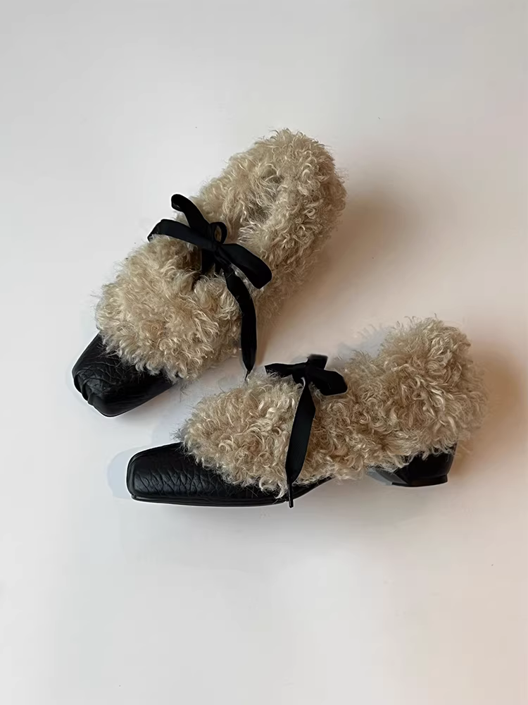 Phiên bản da cừu ~ Giày ba lê mũi vuông bằng da thật tích hợp len cừu dành cho nữ, buộc dây, miệng nông, tăng chiều cao, giày đế bằng thon gọn, giày cotton.