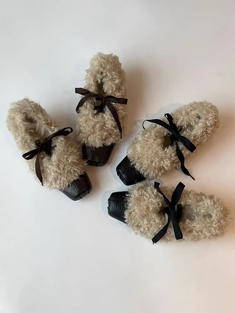 Phiên bản da cừu ~ Giày ba lê mũi vuông bằng da thật tích hợp len cừu dành cho nữ, buộc dây, miệng nông, tăng chiều cao, giày đế bằng thon gọn, giày cotton.