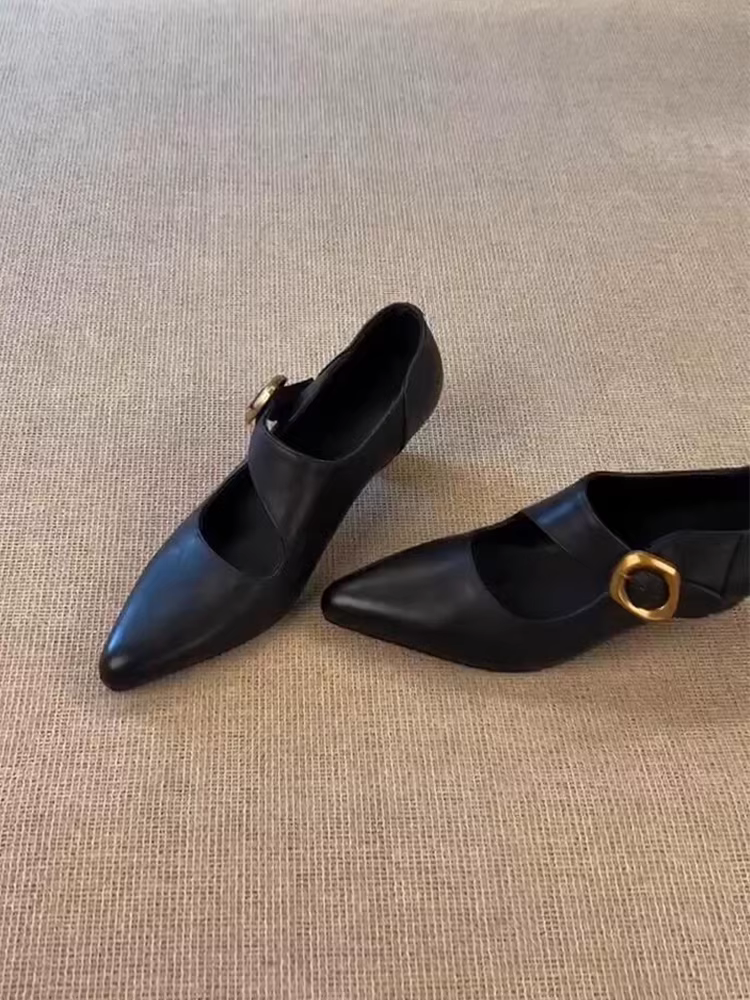 Phiên bản da cừu ~ Giày cao gót Mary Jane thanh lịch và độc đáo dành cho nữ, giày da thật mũi nhọn quai đơn kiểu cổ điển màu đen.