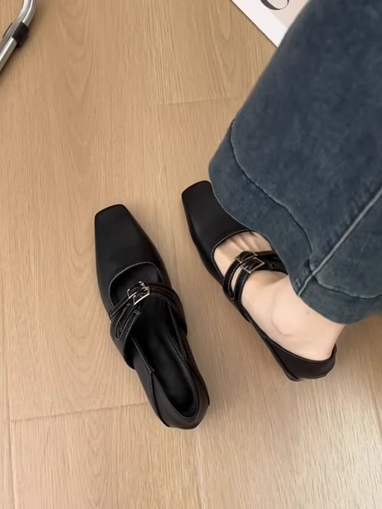 Phiên bản da cừu ~ Giày Mary Jane da thật đế thấp đi làm dành cho nữ, giày đơn màu đen mũi vuông nông cổ điển, kiểu dáng đa năng