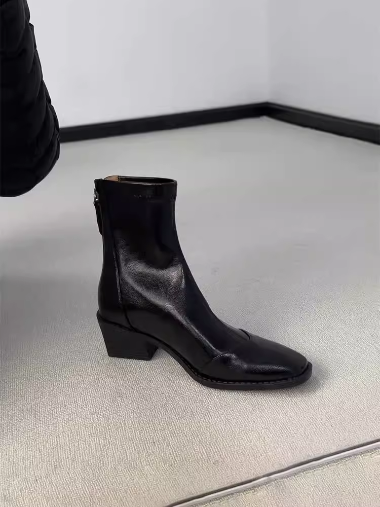 Phiên bản da bò ~ Giày bốt da thật đế dày thời trang dành cho nữ, kiểu Pháp có khóa kéo phía sau mũi vuông, giày bốt co giãn thanh lịch