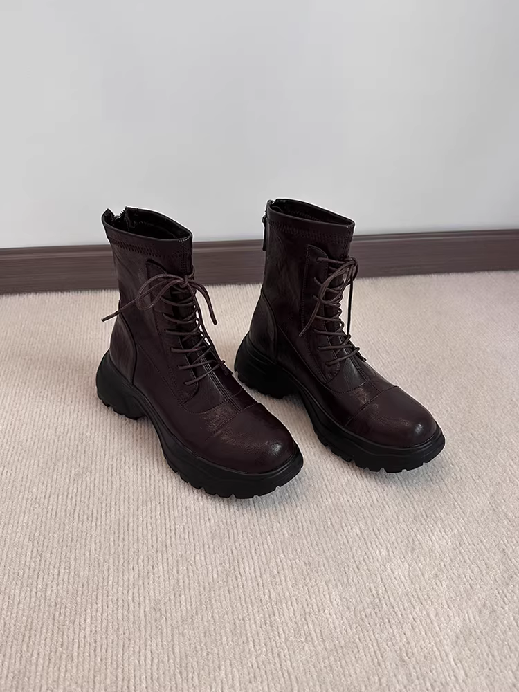Phiên bản da bò ~ Giày bốt Martin đế dày tăng chiều cao dành cho nữ, phong cách Anh, bốt ngắn buộc dây thon gọn có khóa kéo phía sau, bốt da thật thon gọn cho mùa đông.