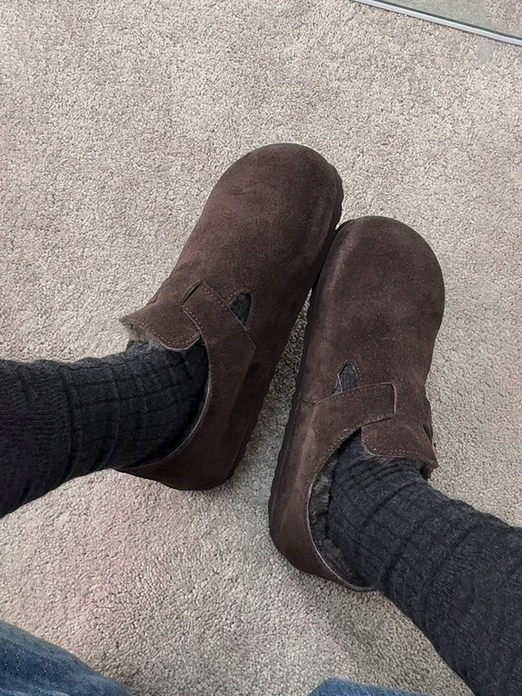 Phiên bản da cừu ~ Giày Birkenstock đế bằng kiểu Retro Melard dành cho nữ, đa năng, lót lông cừu, ấm áp, giày cotton da thật cắt sâu, giày lông thú.
