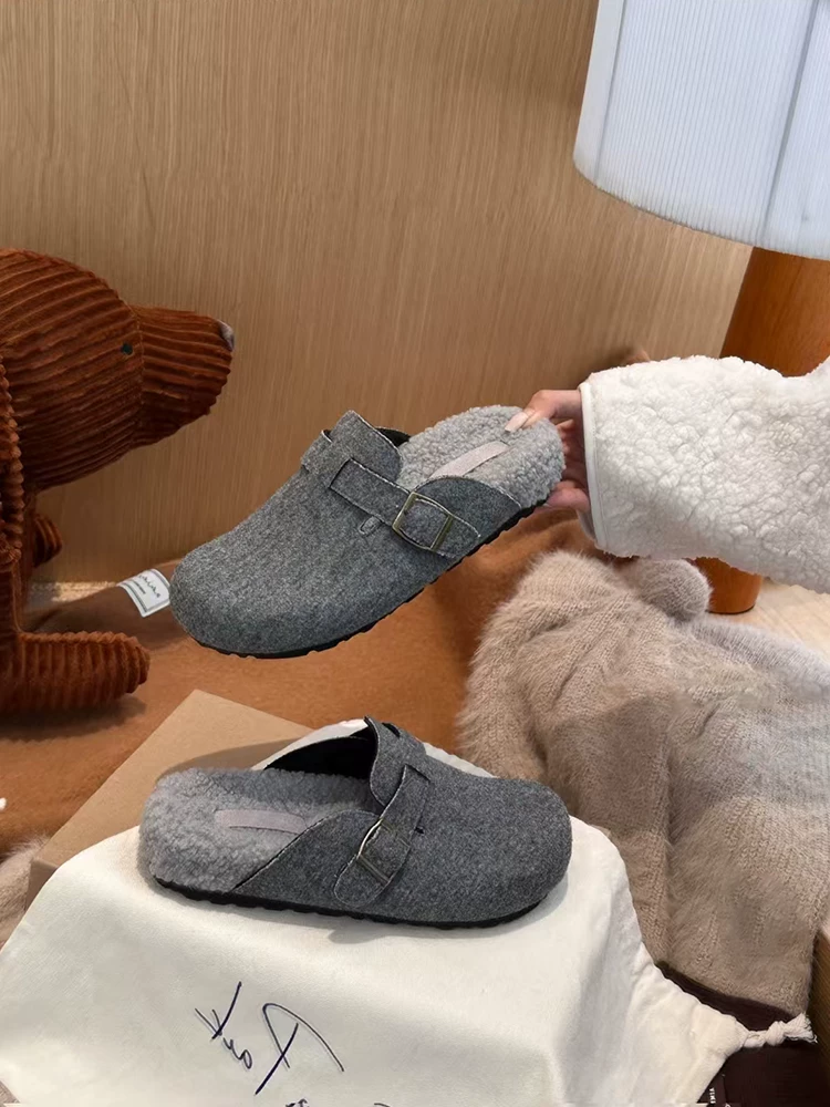 Phiên bản da cừu ~ Giày Birkenstock đế bằng đơn giản dành cho nữ với lớp lót lông mềm, giày lười mũi kín kiểu retro bằng chất liệu da lộn