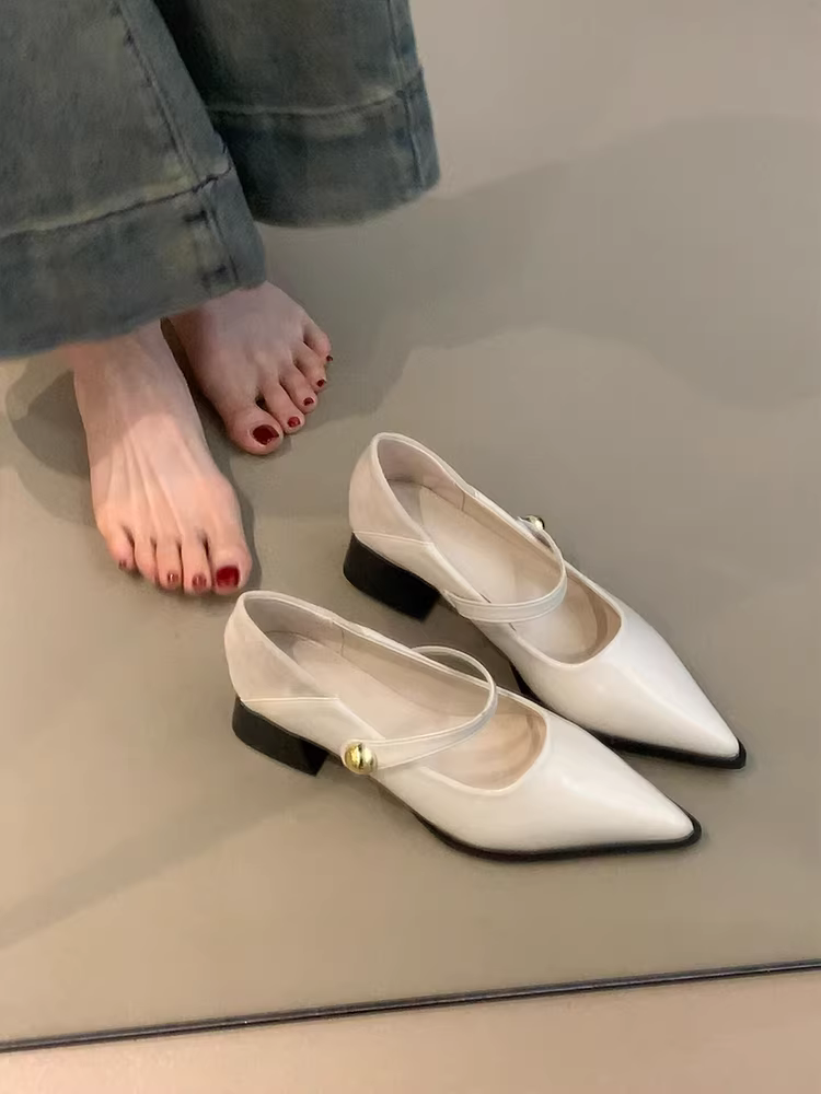 Phiên bản da cừu ~ Giày Mary Jane mũi nhọn kiểu cổ điển có khóa dán, giày đế dày, giày đi làm đa năng bằng da thật có miệng nông dành cho nữ