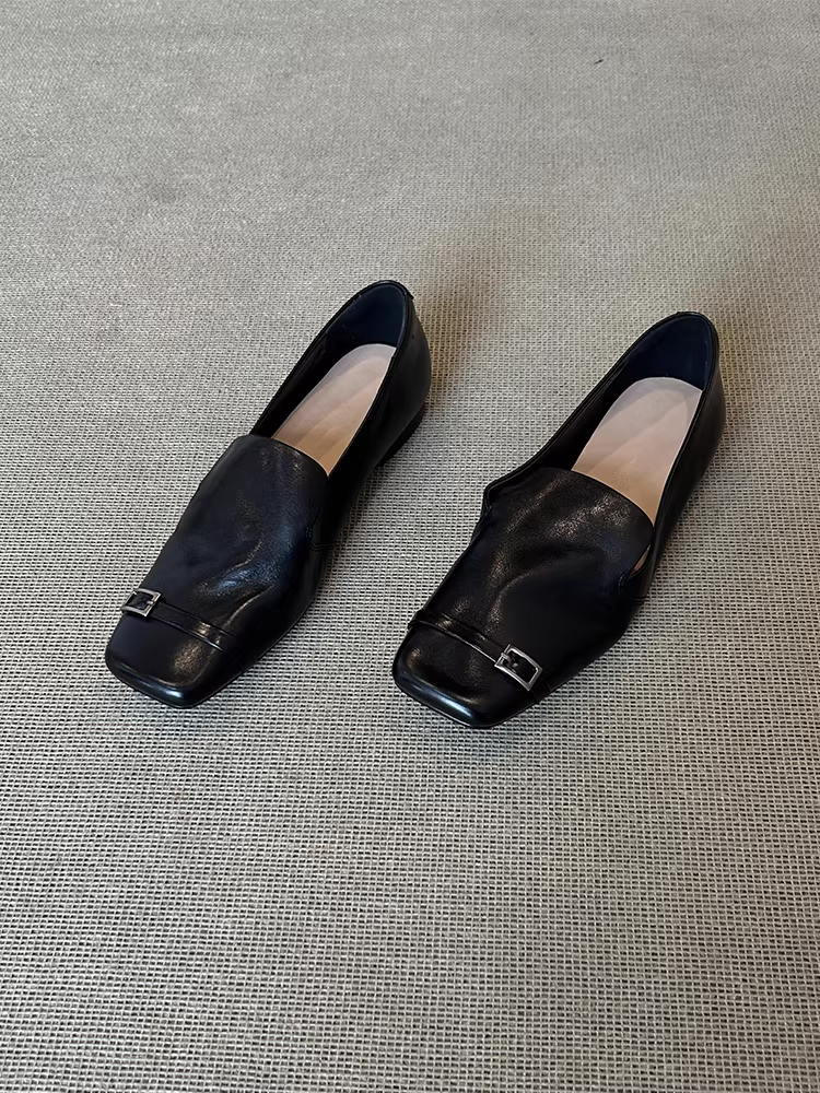 Phiên bản da cừu ~ Giày lười mũi vuông da thật phong cách cổ điển của Anh dành cho nữ, giày da đế bằng thiết kế độc đáo