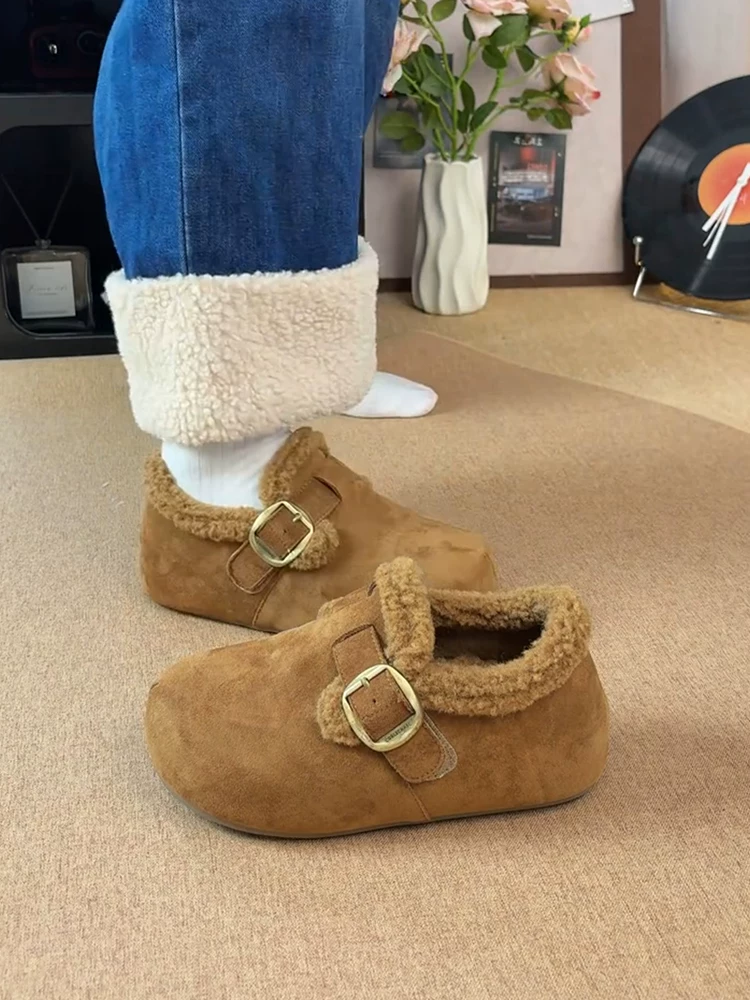 Phiên bản da cừu ~ Giày Birkenstock da lộn cổ điển dễ thương và độc đáo dành cho nữ với thiết kế tăng chiều cao ẩn, khóa thắt lưng, đế dày lót lông, giày cotton lót lông.