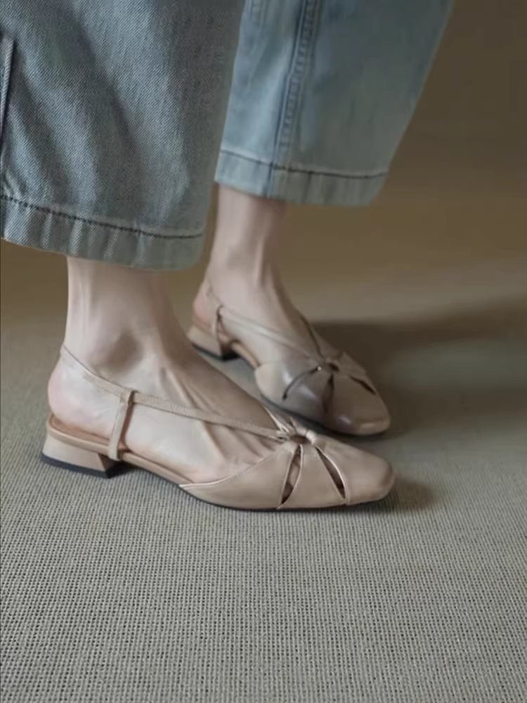 Phiên bản da cừu ~ Dép quai ngang hở lưng bằng da thật phong cách retro nghệ thuật dành cho nữ, mũi vuông, giày bít mũi gót thấp thanh lịch.