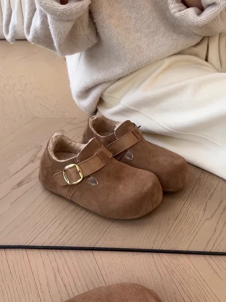 Phiên bản da cừu ~ Giày Birkenstock miệng sâu đa năng tăng chiều cao kiểu dáng mới dành cho nữ, đế dày, lót lông cừu, giày thường ngày bằng da lộn ấm áp mùa đông