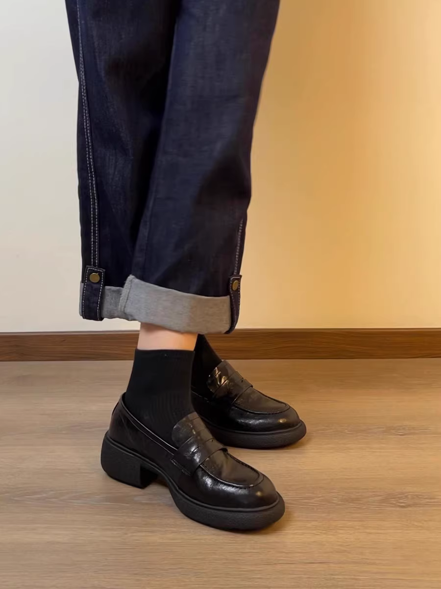 Phiên bản da cừu~ Giày lười đế dày phong cách Anh cho nữ, giày lười dễ mang, giày đơn giản đa năng, giày đồng phục phong cách preppy JK