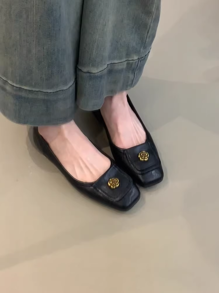 Phiên bản da cừu~ Giày bệt kiểu dáng cổ điển dành cho nữ, mũi vuông, phong cách retro, da thật, giày bệt đa năng.