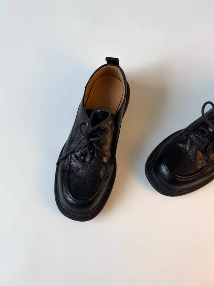 Phiên bản da cừu ~ Giày lười buộc dây kiểu đại học dành cho nữ, giày đơn phong cách retro đa năng, giày da đế dày đế dày đi làm