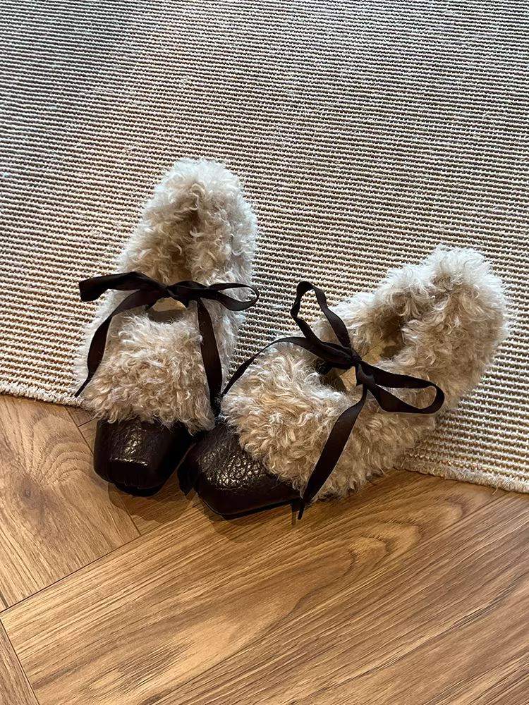 Phiên bản da cừu ~ Giày ba lê mũi vuông bằng da thật tích hợp len cừu dành cho nữ, buộc dây, miệng nông, tăng chiều cao, giày đế bằng thon gọn, giày cotton.