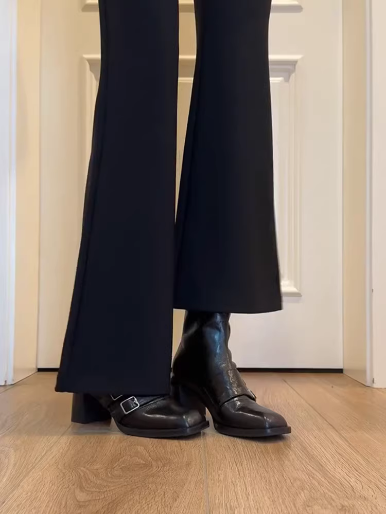 Phiên bản da bò ~ Giày bốt da thật kiểu cổ điển dành cho nữ, giày bốt mỏng có khóa thắt lưng đơn giản có khóa kéo phía sau, giày bốt ngắn mũi vuông cao gót