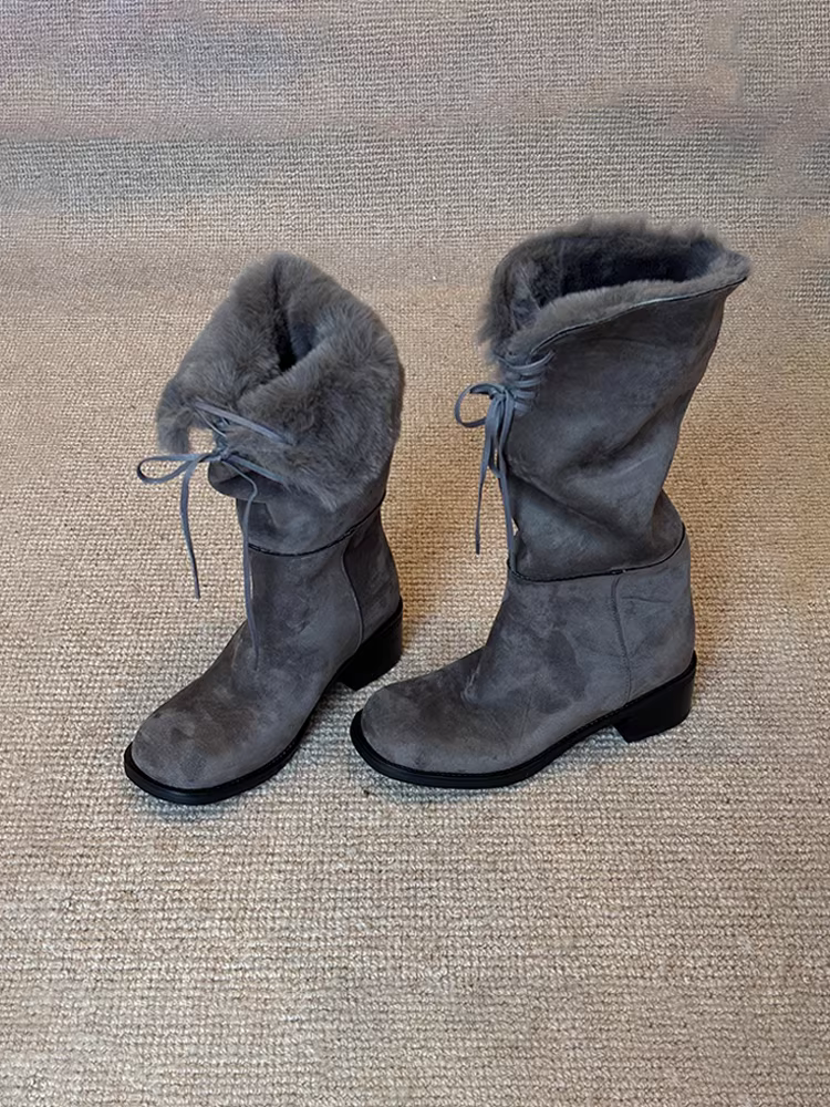 Phiên bản da bò ~ Giày bốt dài cổ điển cao cấp dành cho nữ, giày bốt đi tuyết lót lông dày kiểu Pháp, chất liệu da lộn, dây buộc, thiết kế độc đáo, có thể mang hai kiểu