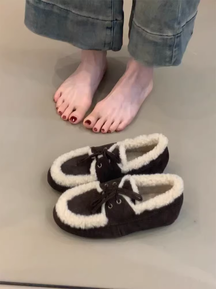 Phiên bản da cừu ~ Giày lười buộc dây ấm áp lót lông cừu dành cho nữ, giày đế bằng da lộn kiểu cổ điển, giày lông thú đa năng, giày cotton.