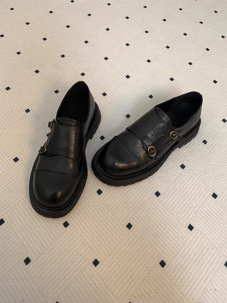 Phiên bản da cừu~ Giày lười da thật kiểu Anh dành cho nữ, giày da nhỏ đế dày mũi tròn màu đen đa năng, thời trang có quai đôi