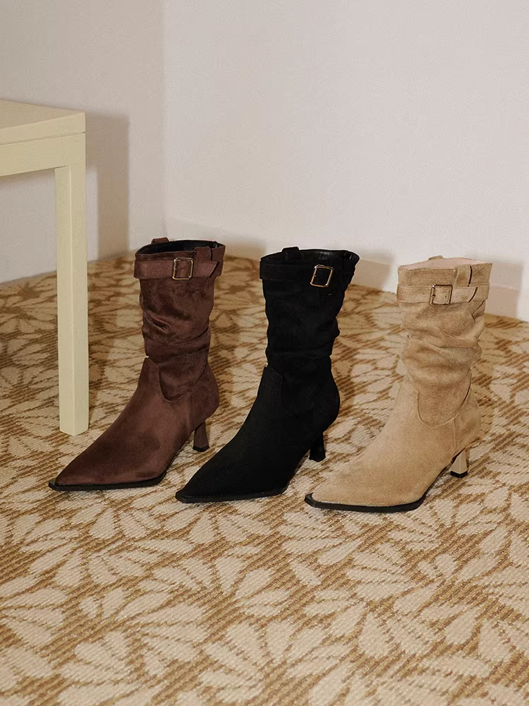 Pear Xiaoqi~ Giày bốt cao gót kiểu lười, bốt ôm dáng dành cho nữ, bốt xếp ly mũi nhọn có khóa thắt lưng da lộn cổ điển