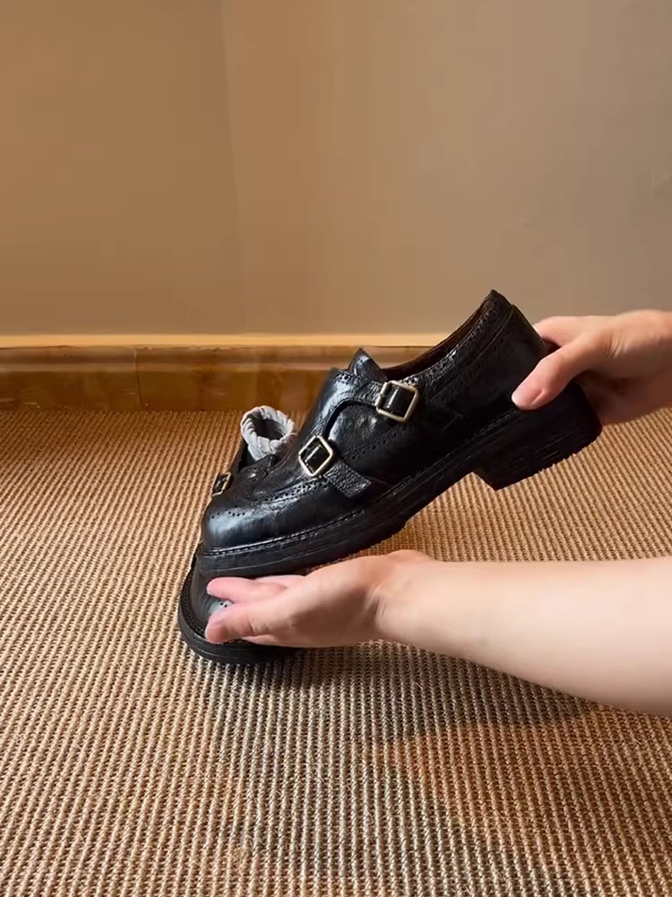 Phiên bản da cừu ~ Giày da nhỏ mũi tròn có đế dày chạm khắc dành cho nữ, phong cách cổ điển kiểu Anh, giày đế bệt kiểu chunky thanh lịch và thời trang