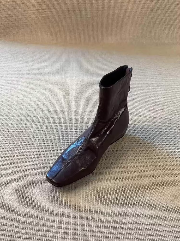 Phiên bản da bò~ Giày bốt ngắn da thật mũi vuông kiểu Pháp dành cho nữ có khóa kéo phía sau, gót thấp, thời trang, cao cấp, giày bốt thanh lịch, thanh lịch