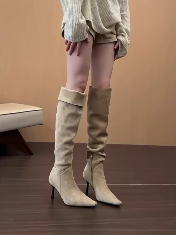 Phiên bản da bò ~ Giày bốt dài thời trang mũi nhọn kiểu cổ điển Hàn Quốc dành cho nữ, giày bốt dáng dài thời trang và thanh lịch mùa thu đông