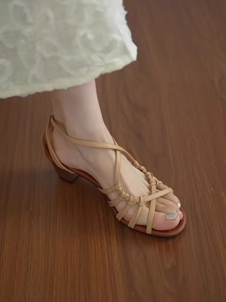 Phiên bản da cừu ~ Dép La Mã cao gót kiểu nghỉ dưỡng, dệt tay, khoét lỗ, dành cho nữ, dép quai ngang mùa hè thanh lịch, phối đồ đi cùng đầm