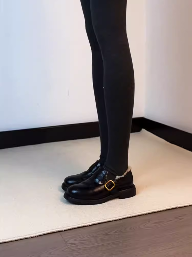 Phiên bản da cừu ~ Giày lười da thật đa năng dành cho nữ có khóa thắt lưng, gót thấp, lót lông cừu, thích hợp cho mùa thu đông, giày da nhỏ mặc ngoài trời.