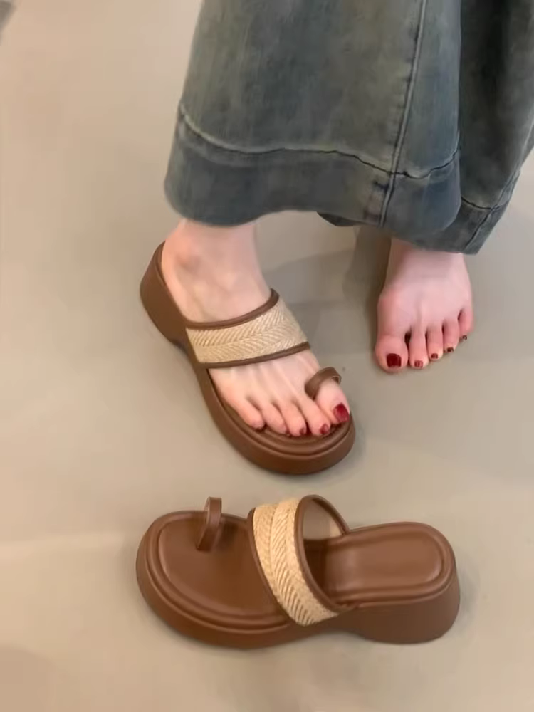 Phiên bản da cừu ~ Dép quai ngang đế dày tăng chiều cao phong cách Bohemian dành cho nữ, giày lười thời trang kiểu Pháp cổ điển mũi tròn hở mũi
