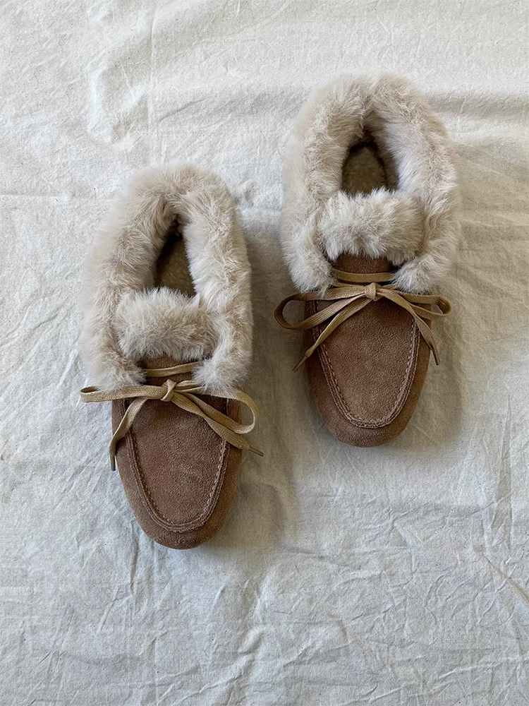Phiên bản da cừu ~ Giày cotton ấm áp thời trang dành cho nữ, giày lười buộc dây nơ, giày lười đế bằng da lộn có lông
