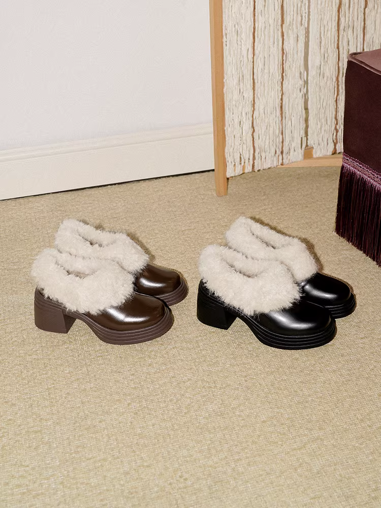 Pear Xiaoqi~ Giày lười lông thú phong cách Anh cho nữ, giày lười đế dày giữ ấm mùa đông, giày da đế dày nhỏ.