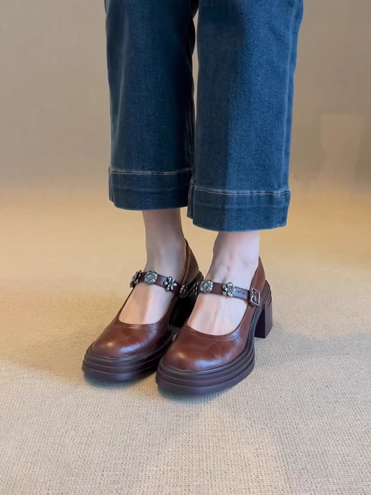 Phiên bản da bò ~ Giày cao gót Mary Jane kiểu Pháp có khóa, da thật, tăng chiều cao, đa năng, giày da nữ kiểu dáng mới