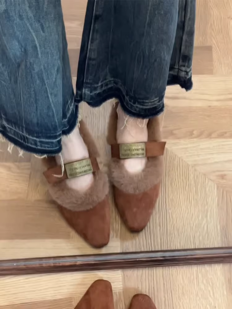 Phiên bản da cừu ~ Giày lười cổ điển dành cho nữ có lót lông thật, lông thỏ, lót lông mềm, giày đế dày ấm áp