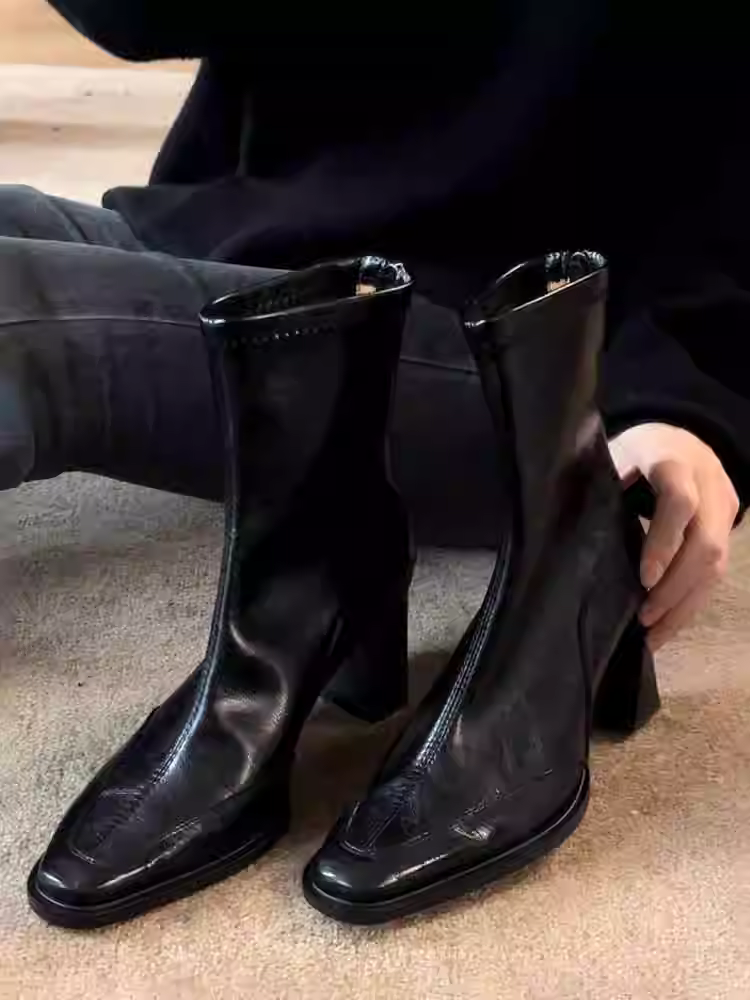 Phiên bản da bò ~ Giày bốt cao gót mũi vuông kiểu Pháp thanh lịch dành cho nữ, giày bốt ngắn co giãn có khóa kéo phía sau kiểu Anh bằng da thật