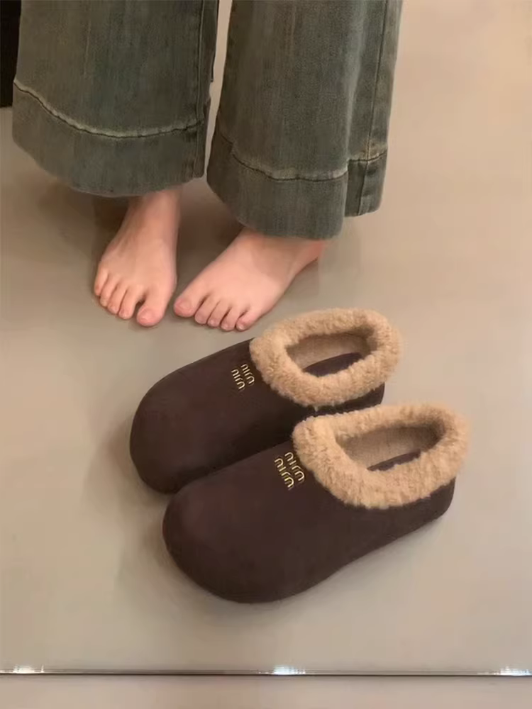Phiên bản da cừu ~ Giày lười nữ kiểu Birkenstock có lông, đế dày, giữ ấm, mũi kín, chất liệu da lộn, tăng chiều cao, đa năng, kiểu nửa dép