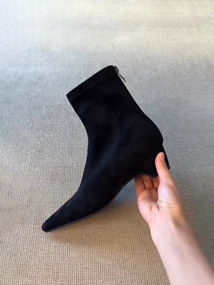 Phiên bản da bò ~ Giày bốt mỏng đi làm tối giản dành cho nữ, giày bốt da lộn cổ điển thon gọn mũi nhọn có dây kéo phía sau giày bốt thời trang